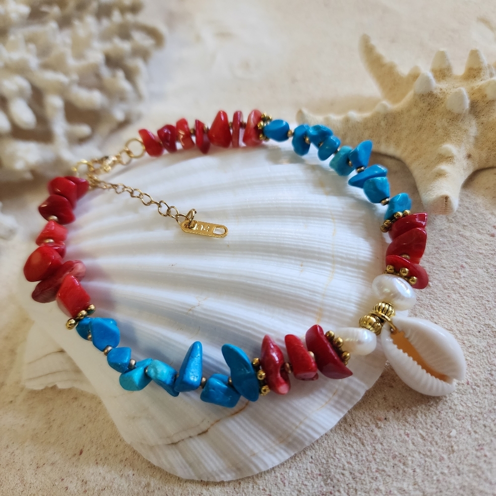 FP Designer Chan Loo Anklet Foot Bracelet 14K Gold Plated Red Coral Pearls